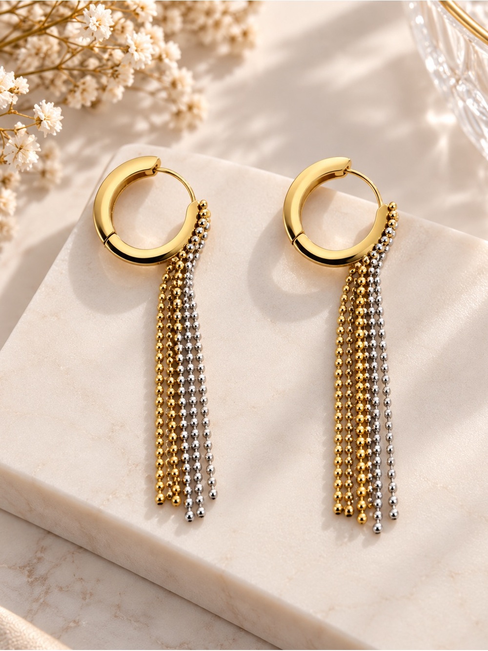 Anthropologie Two-Tone Beaded Fringe Hoop Earrings